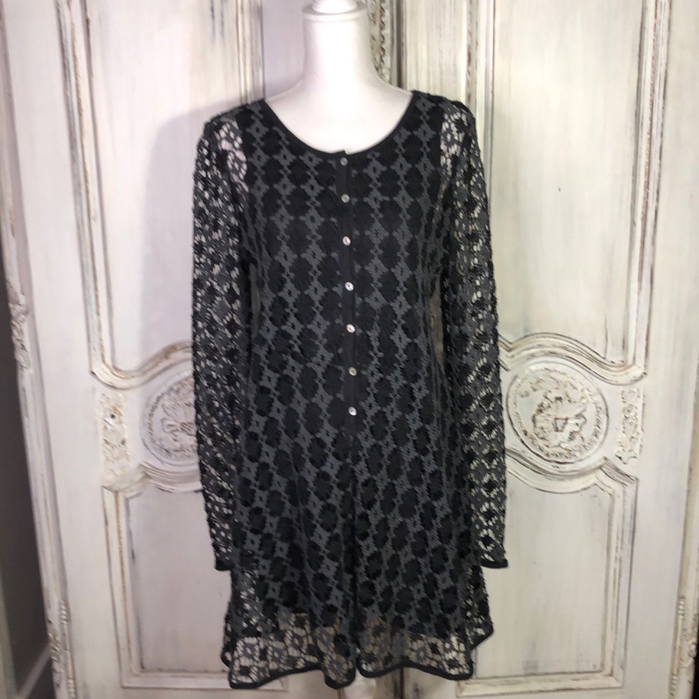 Free People Beach Gray and Black Geometric Lace Dress Size L